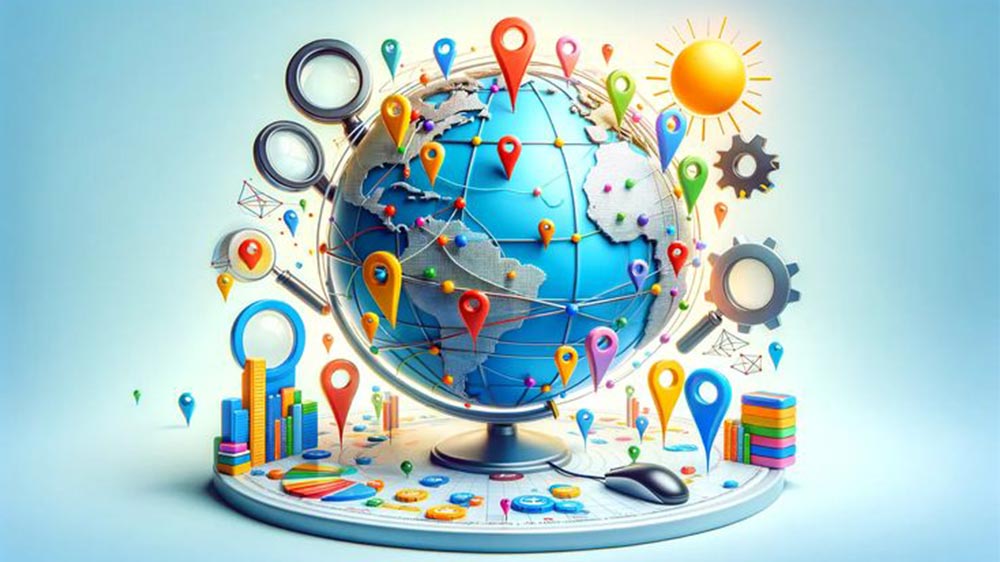 کره زمین گرافیکی با نماد لوکیشن به تعداد زیاد، با ذرهبین و آیکونیکهای داده و اطلاعات