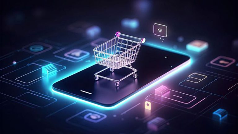موبایل هوشمند روی صفحه گرافیکی با سبد خریدی کوچک روی موبایل