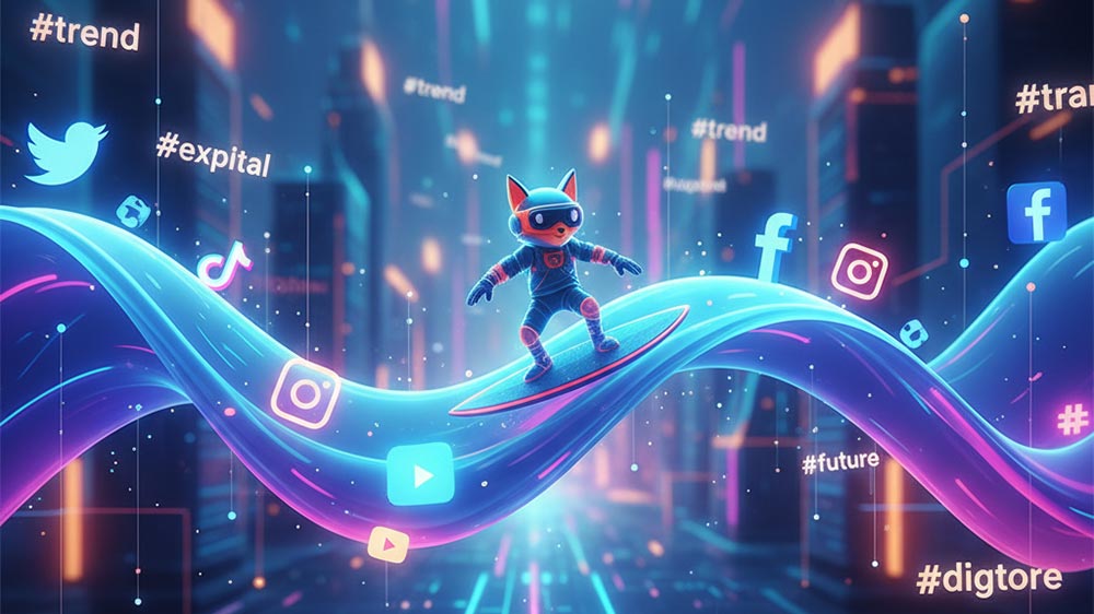 تصویر مفهومی موج‌سواری روی ترندهای اینستاگرام با نماد هشتگ‌ها و آیکون‌ها