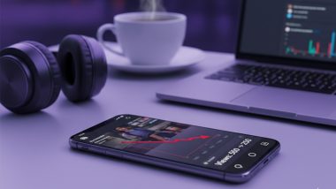 گوشی موبایل روی میز در کنار فنجان قهوه هدفون و لپ‌تاپ با نوری کم