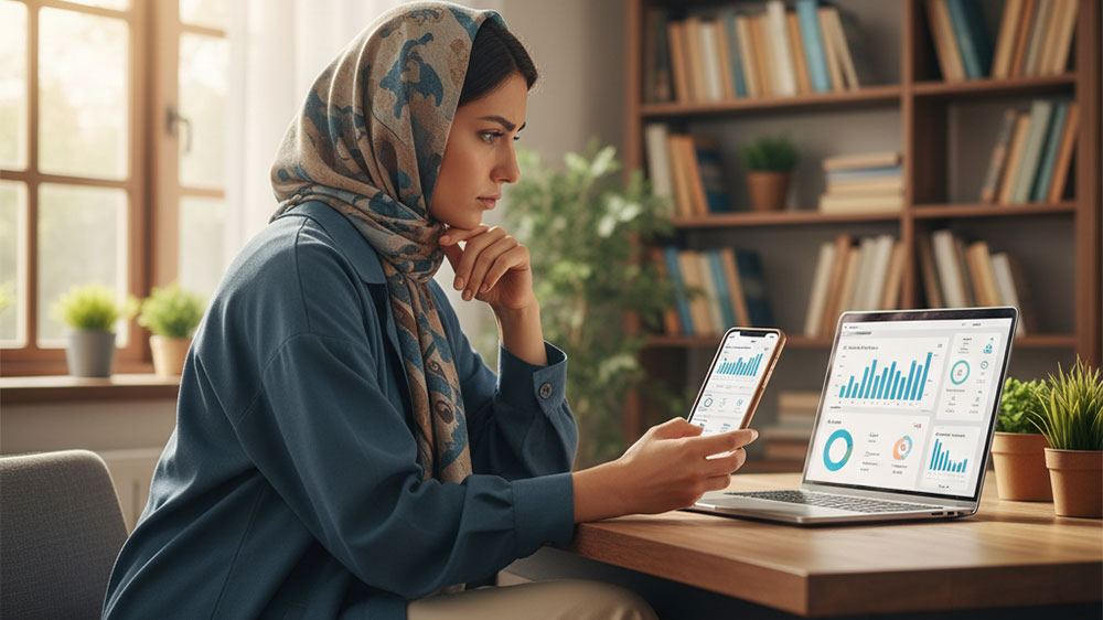 خانمی در حال بررسی آمار ارقام اینستاگرام با موبایل و لپتاپ در خانه