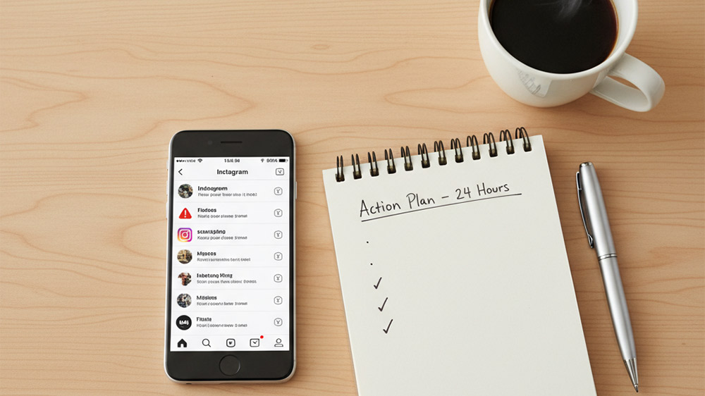 دفتر برنامهریزی برای واکنش به بحران اینستاگرامی در کنار فنجان و موبایل