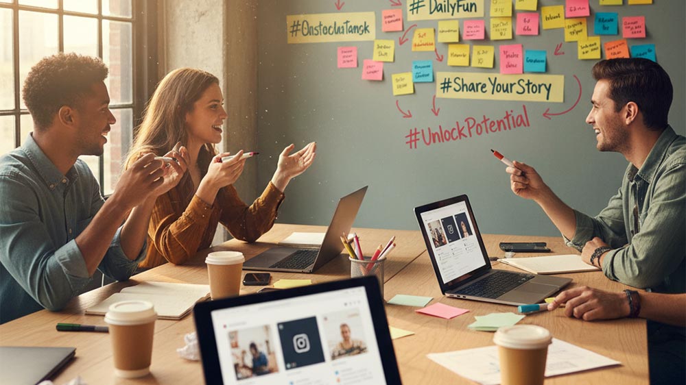 جلسه ایدهپردازی تیم بازاریابی برای طراحی یک چالش اینستاگرامی خلاقانه و وایرال.