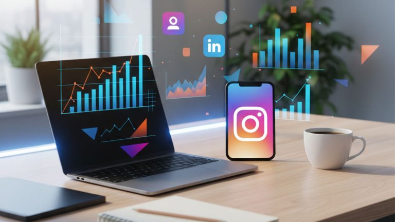 میز کار مدرن با لپتاپ و گوشی