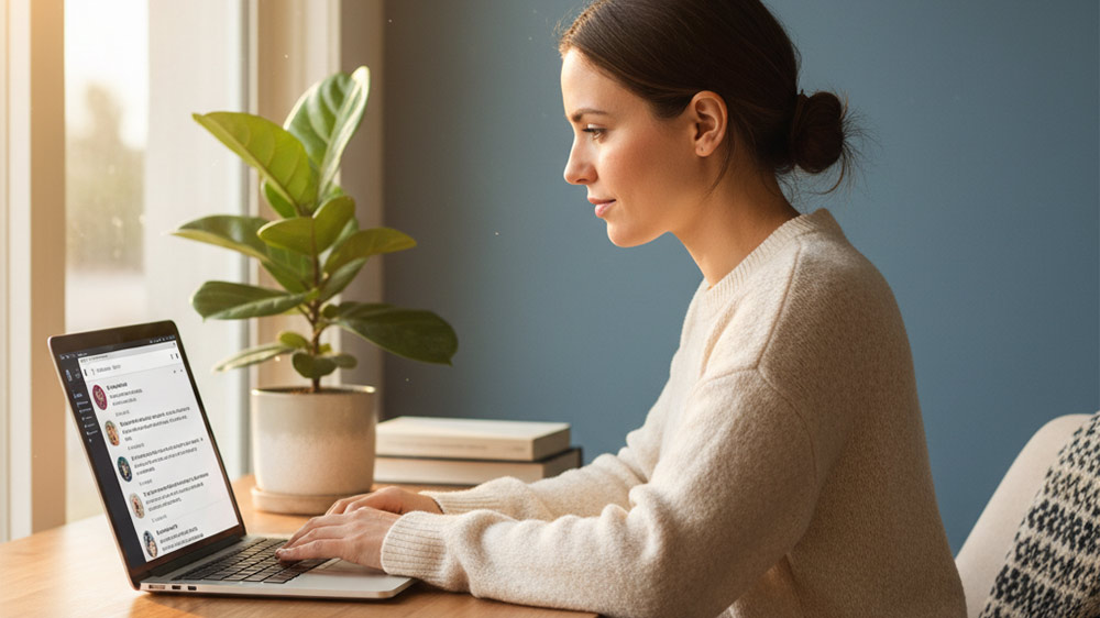 ادمین در حال پاسخگویی به پیامهای بحران اینستاگرام با لپتاپ