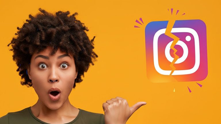 زنی با تعجب در حال اشاره کردن به لوگوی ترک خورده اینستاگرام