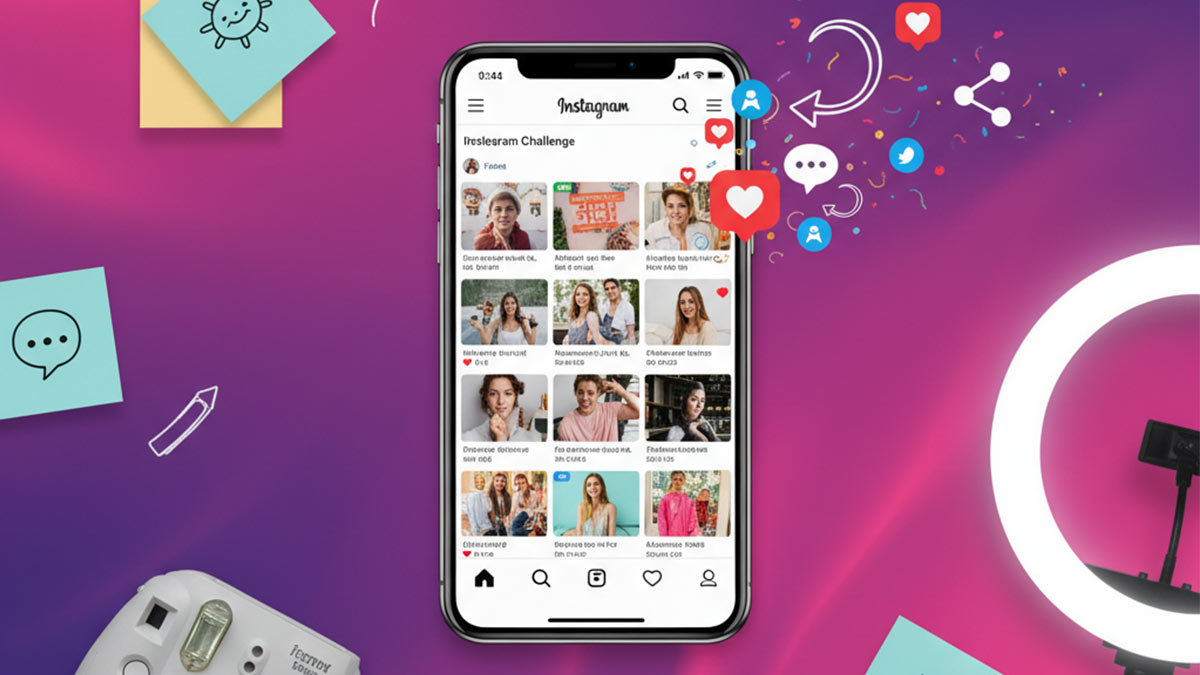 چالش وایرال در اینستاگرام، با تصویر گوشی و نمادهای تعامل در رنگهای برند اینستاگرام