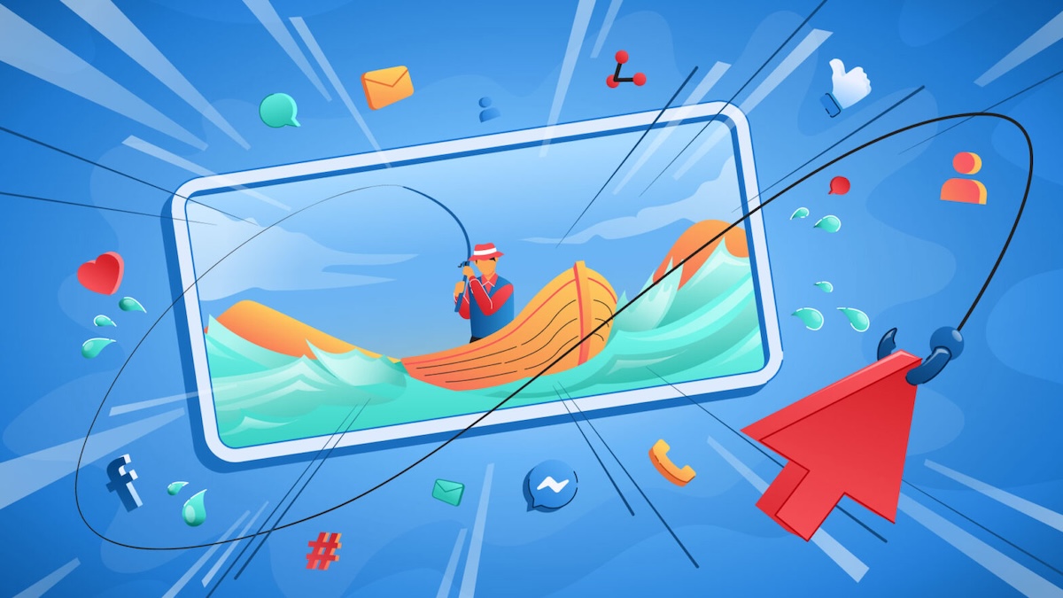 تصویر مفهومی از فردی درون صفحهای دیجیتال که با قلابماهیگیری در حال جلب توجه مخاطبان است، نمادی از استفاده از هوکهای جذاب در تولید محتوای اینستاگرام برای افزایش تعامل